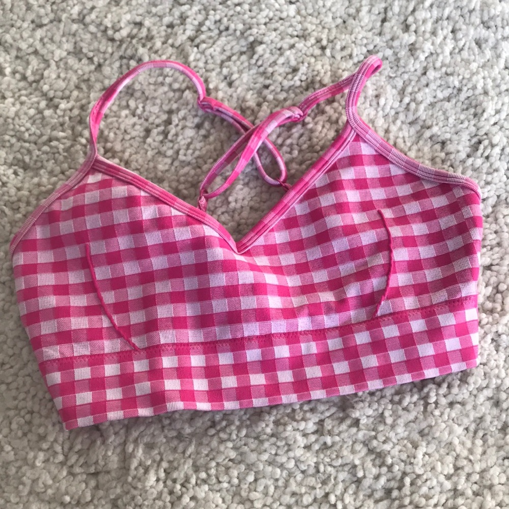 Longline sports bra/crop top. Pink plaid, adjustable cross straps